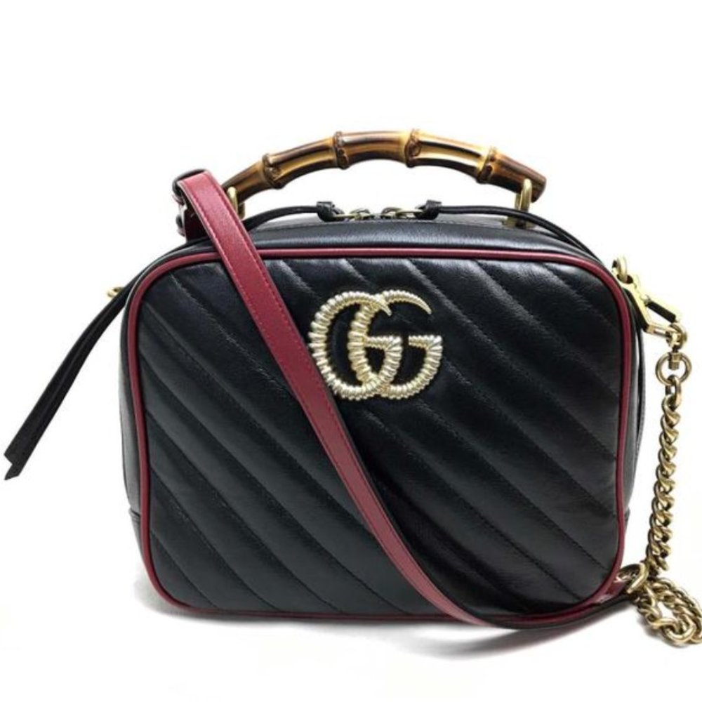 Gucci Black Matelassé Leather GG Marmont Bamboo Small Bag NEW WITH TAGS
